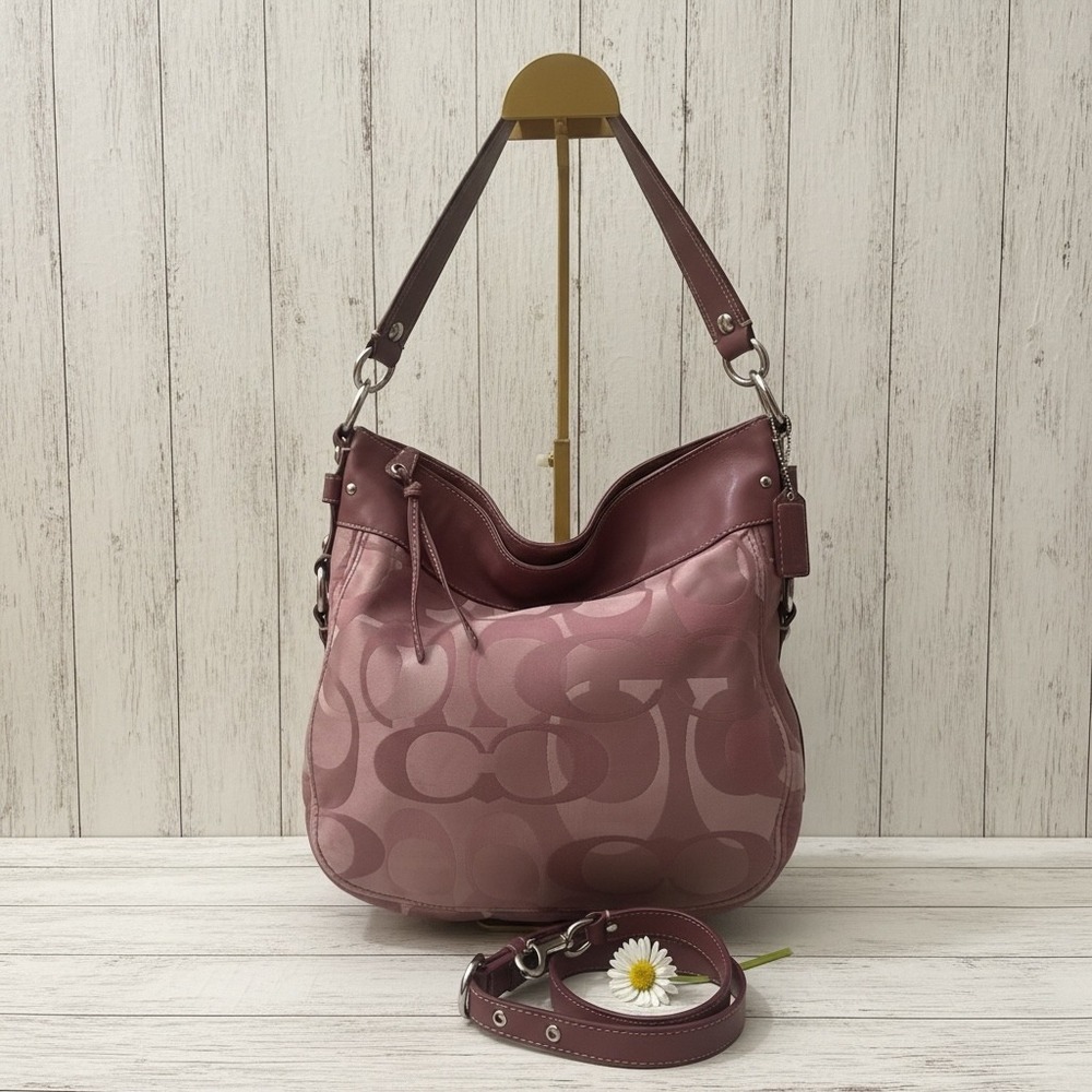 Coach Signature Satin Hobo‎ Plum Purple Leather Trim Shoulder Bag Y2K